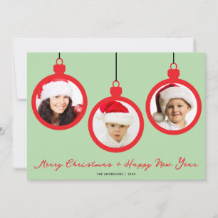 Tarjeta Festiva Adornos Navideños Rojos con Fotos Collage Familiar