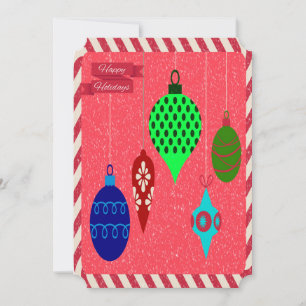Tarjeta Festiva Adornos Navideños Rojos y Saludo de Caña de Carame
