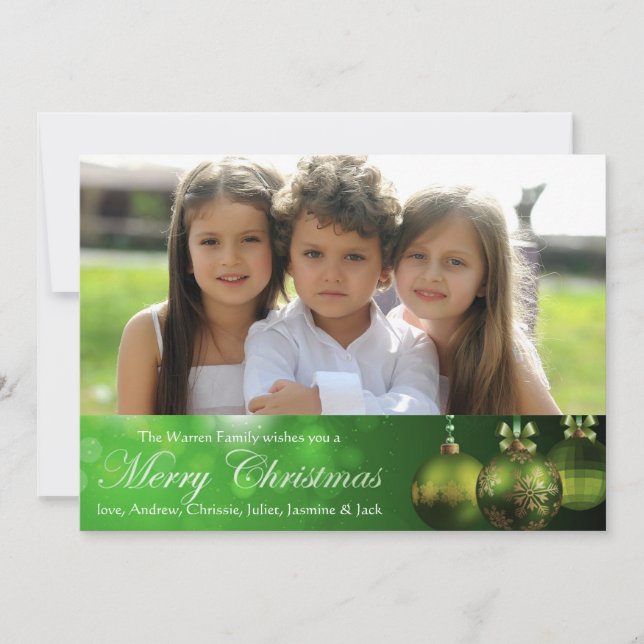 Tarjeta Festiva Adornos Navideños Verdes (Anverso)