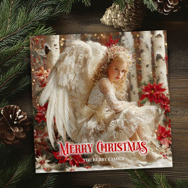 Tarjeta Festiva Aerial Christmas angel red poinsettias ethereal  (Aerial Christmas angel red poinsettias ethereal greeting card

)