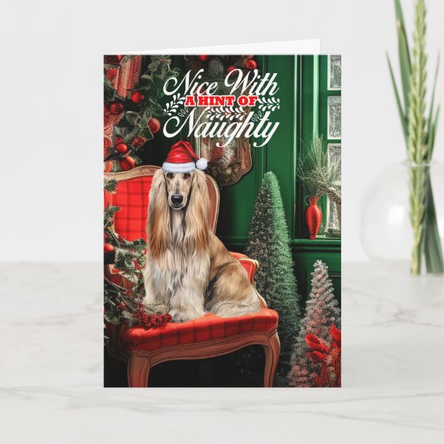 Tarjeta Festiva Afghan Hound Christmas Dog Naughty or Nice (Anverso)