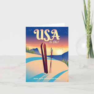 Tarjeta Festiva Afiche de viaje al estilo vintage de USA "To Ski"