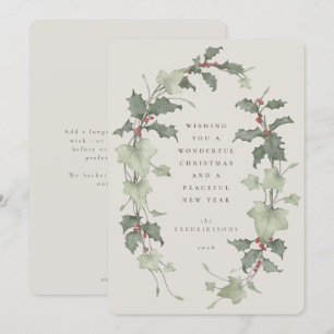 Tarjeta Festiva Agrada de Acuarela Beige de Acebo y Hiedra