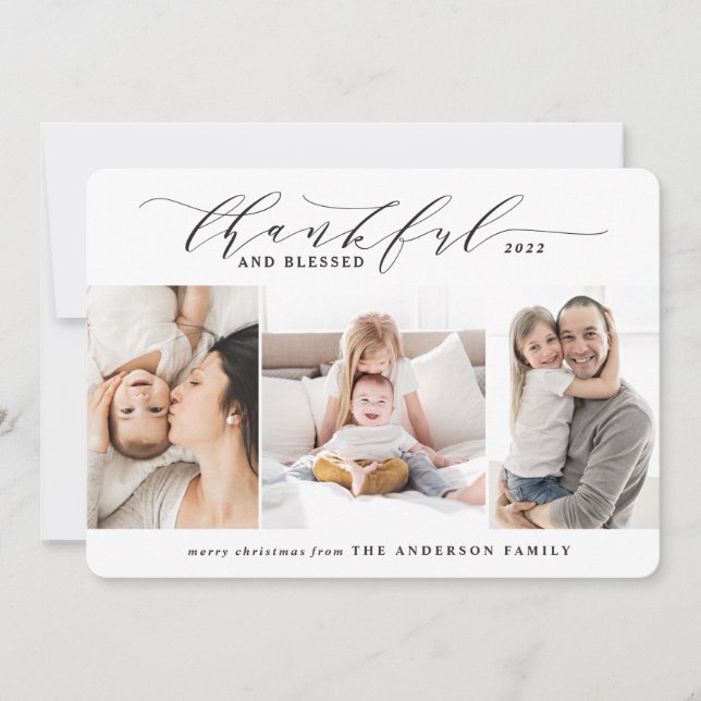 Tarjeta Festiva agradecida y bendecida familia de 3 fotos elegante (Anverso)