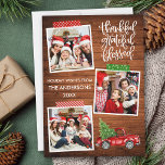 Tarjeta Festiva Agradecidos agradecidos Cinta de Camión de Madera<br><div class="desc">La moderna caligrafía Script Festividad Agradecida 3 Collages de fotos incluye Craft Tape y Watercolor Vintage Red Truck con Árbol de Navidad. Impresión rústica de madera de campo.</div>