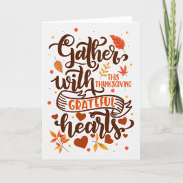 Tarjeta Festiva Agradecidos corazones de otoño tipografía de hojas