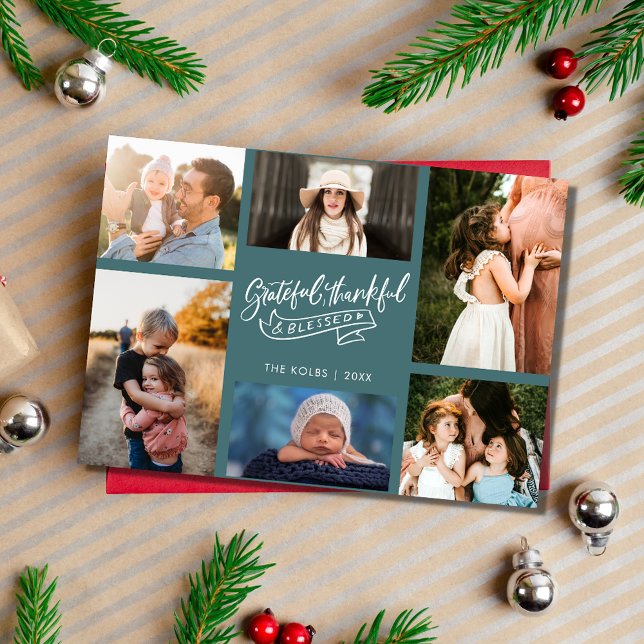 Tarjeta Festiva Agradecidos Navidades Verde azulados de la foto de (Grateful Blessed Family Photo Teal Plaid Christmas Holiday Card)