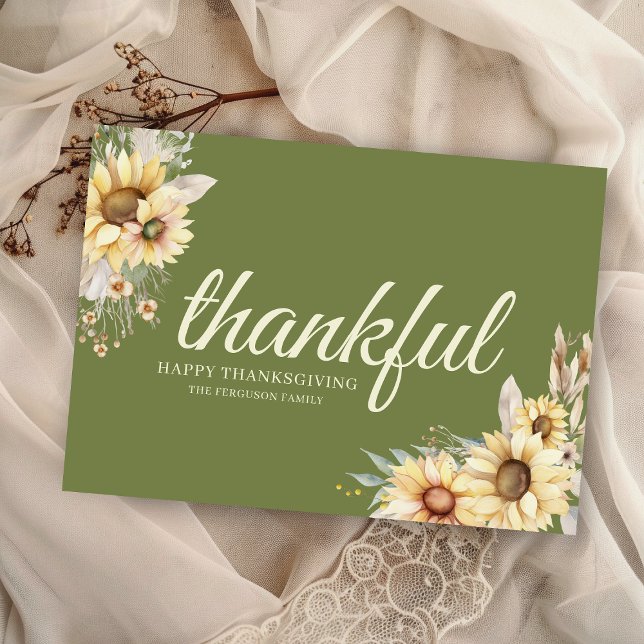 Tarjeta Festiva Agradecimiento floral feliz día de gracias (elegant green watercolor sunflower theme thankful happy thanksgiving cards with family or business
)