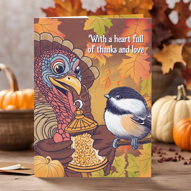 Tarjeta Festiva Agradecimiento Turquía Gratitud Amor Cute Pollito (Adorable Thanksgiving card illustration: Sweet turkey sharing a birdseed feeder with chickadee bird)