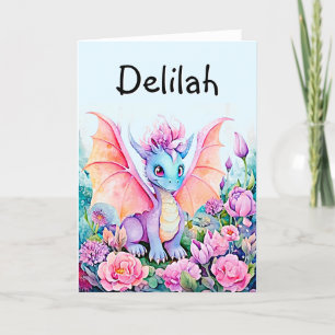 Tarjeta Festiva Agregar nombre Dragón Bebé en fondo azul