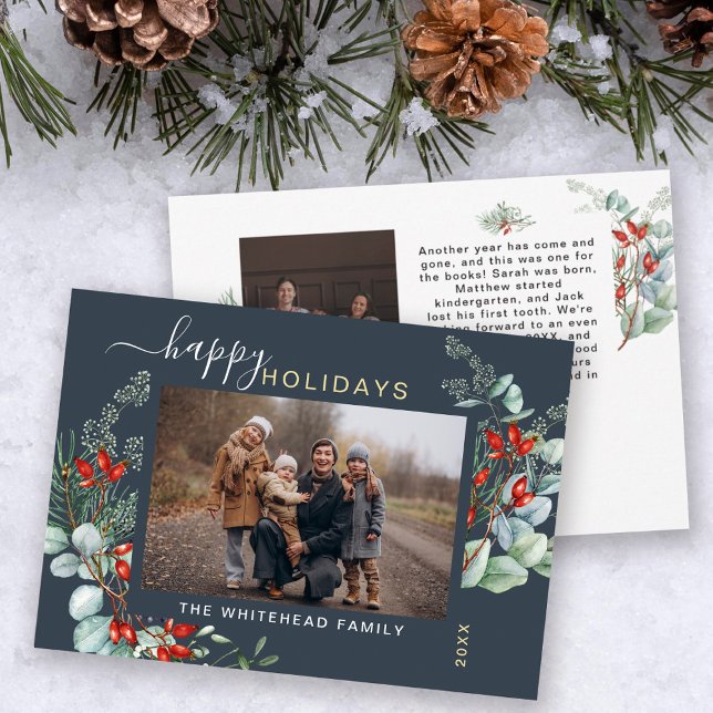 Tarjeta Festiva Agua botánica Vegetación Foto Slate Blue (You will love these beautiful Christmas cards! They feature botanical watercolor holiday greenery.)