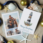 Tarjeta Festiva Agua de faro náutico 3 Navidades fotográficos<br><div class="desc">Esta tarjeta de Navidades náuticos cuenta con un faro acuático decorado para las vacaciones en la parte delantera, con 3 plantillas de fotos en la parte trasera. Por favor, visite la colección para encontrar productos que coincidan, o póngase en contacto conmigo a través de Zazzle Chat para ver más productos...</div>