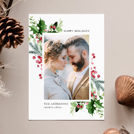 Tarjeta Festiva Agua de invierno Holly Berries y GreenPhoto