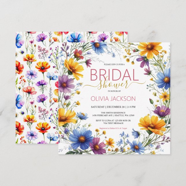 Tarjeta Festiva Agua de verano Flores silvestres BRIDAL Ducha Invi (Anverso / Reverso)