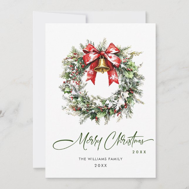 Tarjeta Festiva Agua festiva Holly Berry Pine Wreath (Anverso)