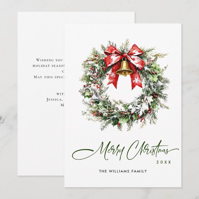 Tarjeta Festiva Agua festiva Holly Berry Pine Wreath (Anverso / Reverso)