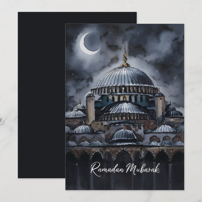 Tarjeta Festiva Agua Negra Acuarela Ramadan Mubarak Mezquita luna  (Anverso / Reverso)