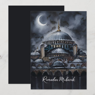 Tarjeta Festiva Agua negra acuarela Ramadan Mubarak Mezquita luna 