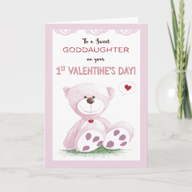 Tarjeta Festiva Ahijada, 1r el día de San Valentín, oso de peluche (Anverso)