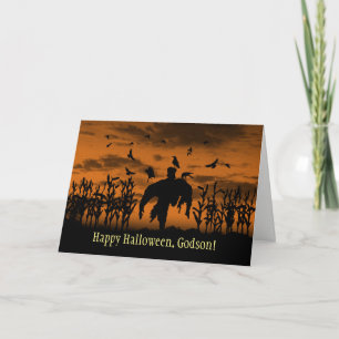 Tarjeta Festiva Ahijado Espantapájaros de Halloween y Cuervos