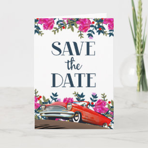Tarjeta Festiva Ahorre el coche del rojo del vintage de la fecha