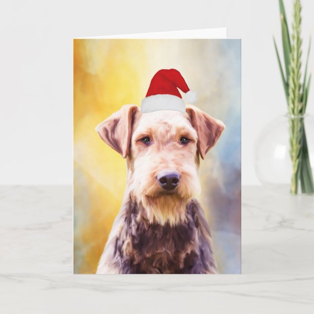 Tarjeta Festiva Airedale Dog Navidades Retrato de arte de Santa Ha (Anverso)