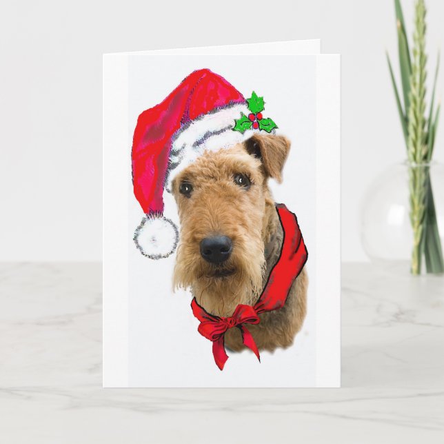 Tarjeta Festiva Airedale En Santa Hat (Anverso)