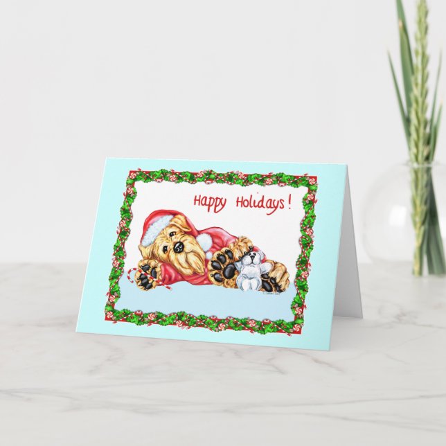 Tarjeta Festiva Airedale Terrier esperando a Santa - Personalizado (Anverso)
