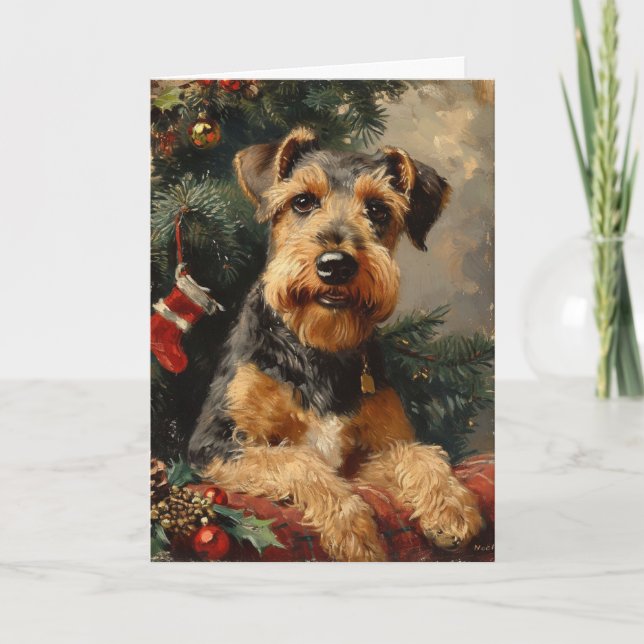 Tarjeta Festiva Airedale terrier vintage Navidades personalizados (Anverso)