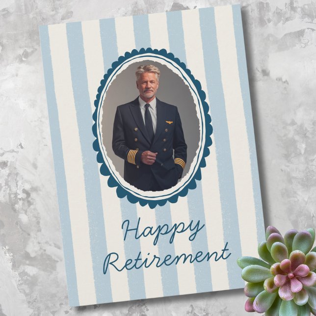 Tarjeta Festiva Airline Pilot Retirement Photo Blue Ivory Stripes (Subido por el creador)