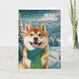 Tarjeta Festiva Akita Dog in Winter Scarf Merry Woofmas