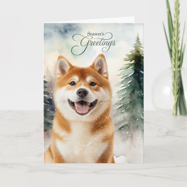 Tarjeta Festiva Akita Dog Season's Greetings Woodland (Anverso)