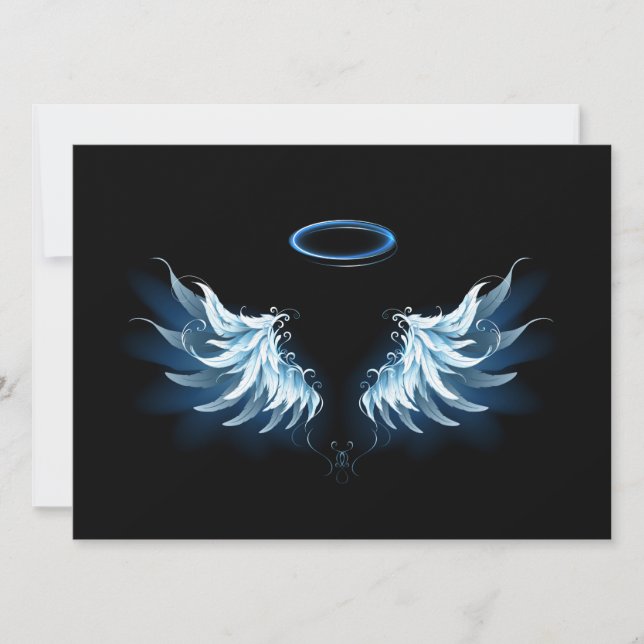 Tarjeta Festiva Alas del Ángel Azul brillante sobre fondo negro (Anverso)