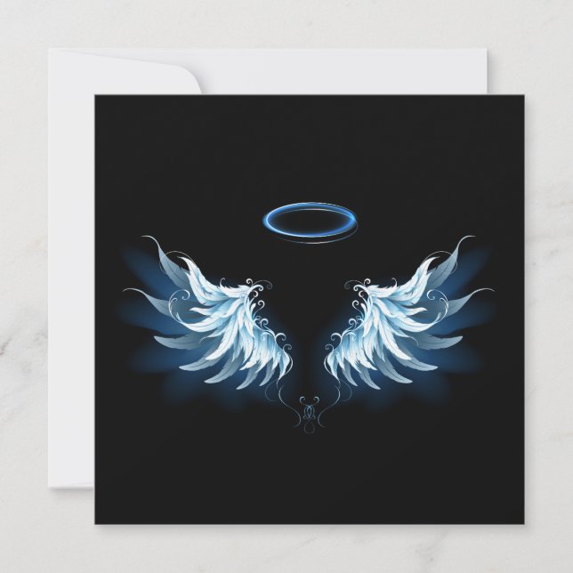 Tarjeta Festiva Alas del Ángel Azul brillante sobre fondo negro (Anverso)