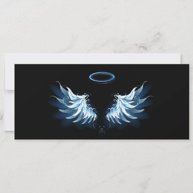 Tarjeta Festiva Alas del Ángel Azul brillante sobre fondo negro (Anverso)