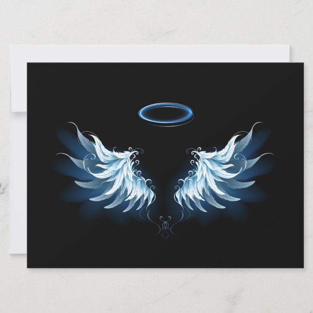 Tarjeta Festiva Alas del Ángel Azul brillante sobre fondo negro (Anverso)