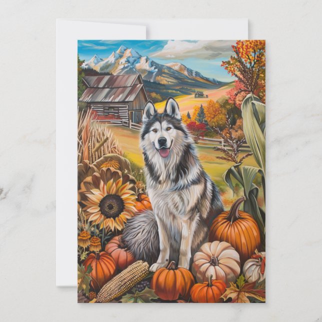 Tarjeta Festiva Alaska Malamute otoño cosecha perro de Acción de G (Anverso)