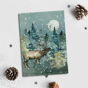 Tarjeta Festiva Alce en bosque luna llena nevada acuarela