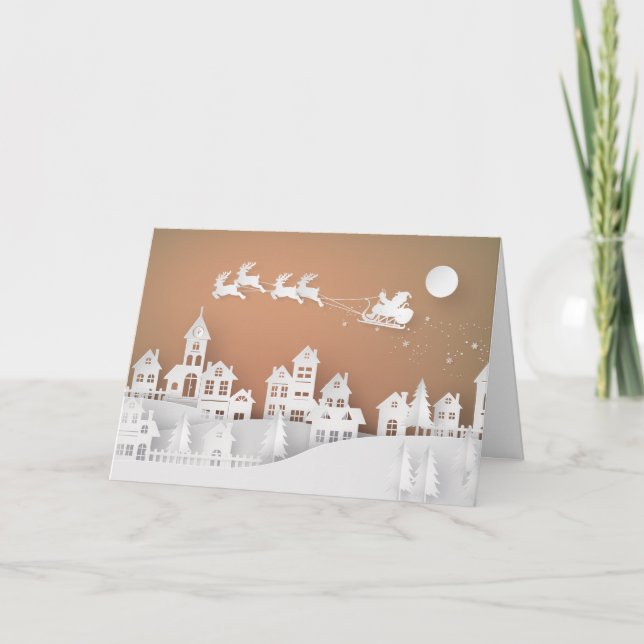Tarjeta Festiva Aldea de corte de papel 3D (Anverso)