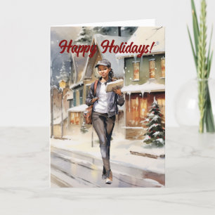 Tarjeta Festiva Aldea de Navidades de transporte de correo femenin