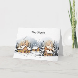 Tarjeta Festiva Aldea navideña acogedora y nevada escena invernal