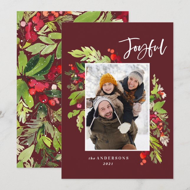 Tarjeta Festiva Alegre acuarela botánica 1 foto Navidades (Anverso / Reverso)