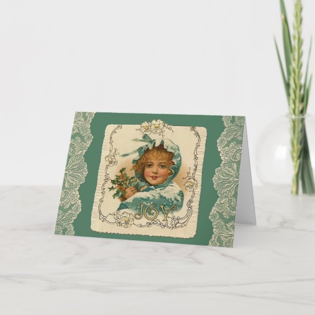 Tarjeta Festiva Alegre chica de Navidades victorianos en bonnet (Anverso)