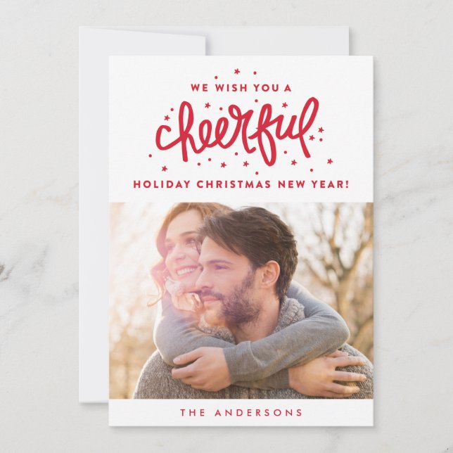 Tarjeta Festiva Alegre foto de Navidades de letras rojas (Anverso)