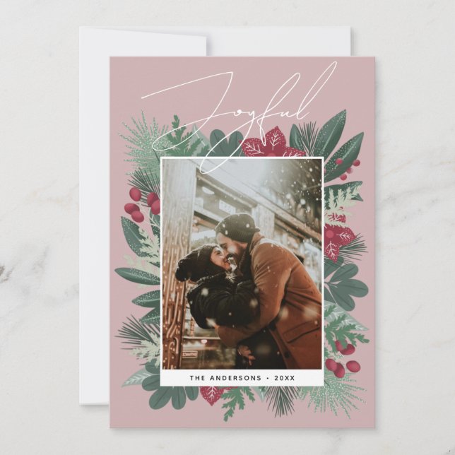 Tarjeta Festiva Alegre. Foto de vegetación botánica para Navidades (Anverso)