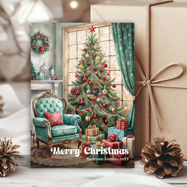 Tarjeta Festiva Alegre interior navideño rústico rojo verde acoged (Cheerful cozy Christmas interior rustic red green Holiday Card)