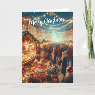 Tarjeta Festiva alegre mercado navideño con luces