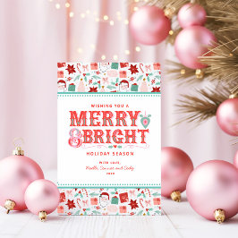 Tarjeta Festiva Alegre Merry & Bright | Retro Holly rosa y rojo