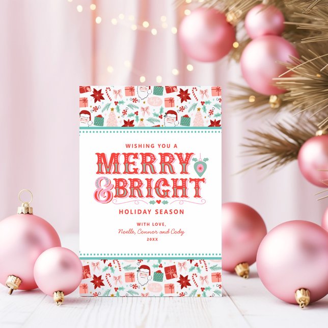 Tarjeta Festiva Alegre Merry & Bright | Retro Holly rosa y rojo (Subido por el creador)