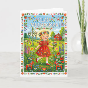 Tarjeta Festiva Alegre Midsommar: chica sueca con vestido floral